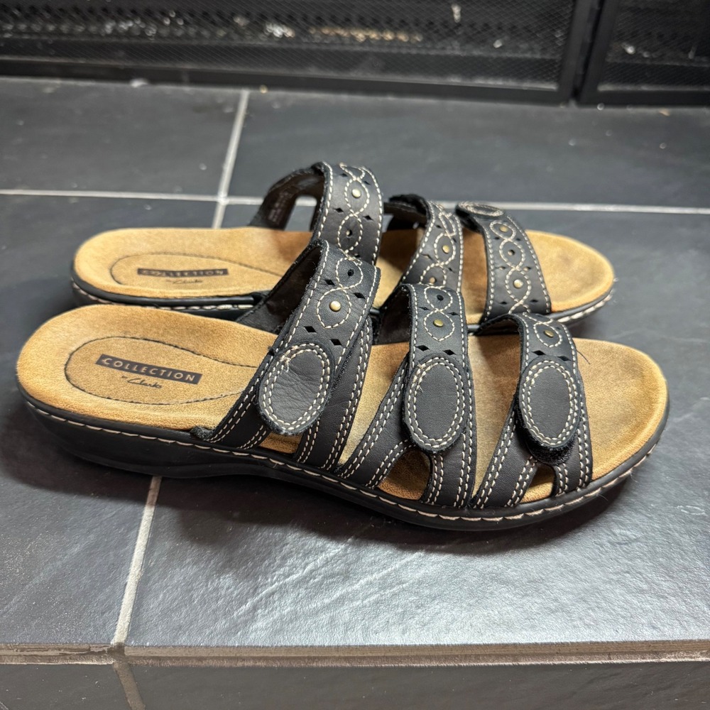 Clarks Collection Leisa Vine Black Leather Slide Sandals Womens 8 M 261004373080